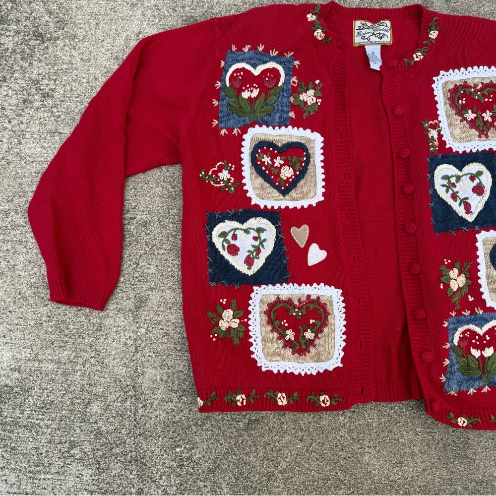 Vintage Heirloom Collectables Sweater Cardigan Red Valentine Hearts XL - Picture 4 of 5